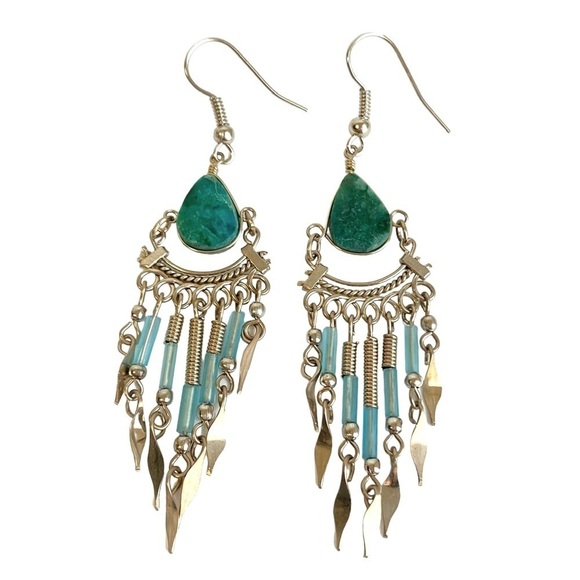 Vintage Jewelry - Vintage Boho Turquoise Chandelier Earrings Silver Fringe Peruvian 70s Hippie